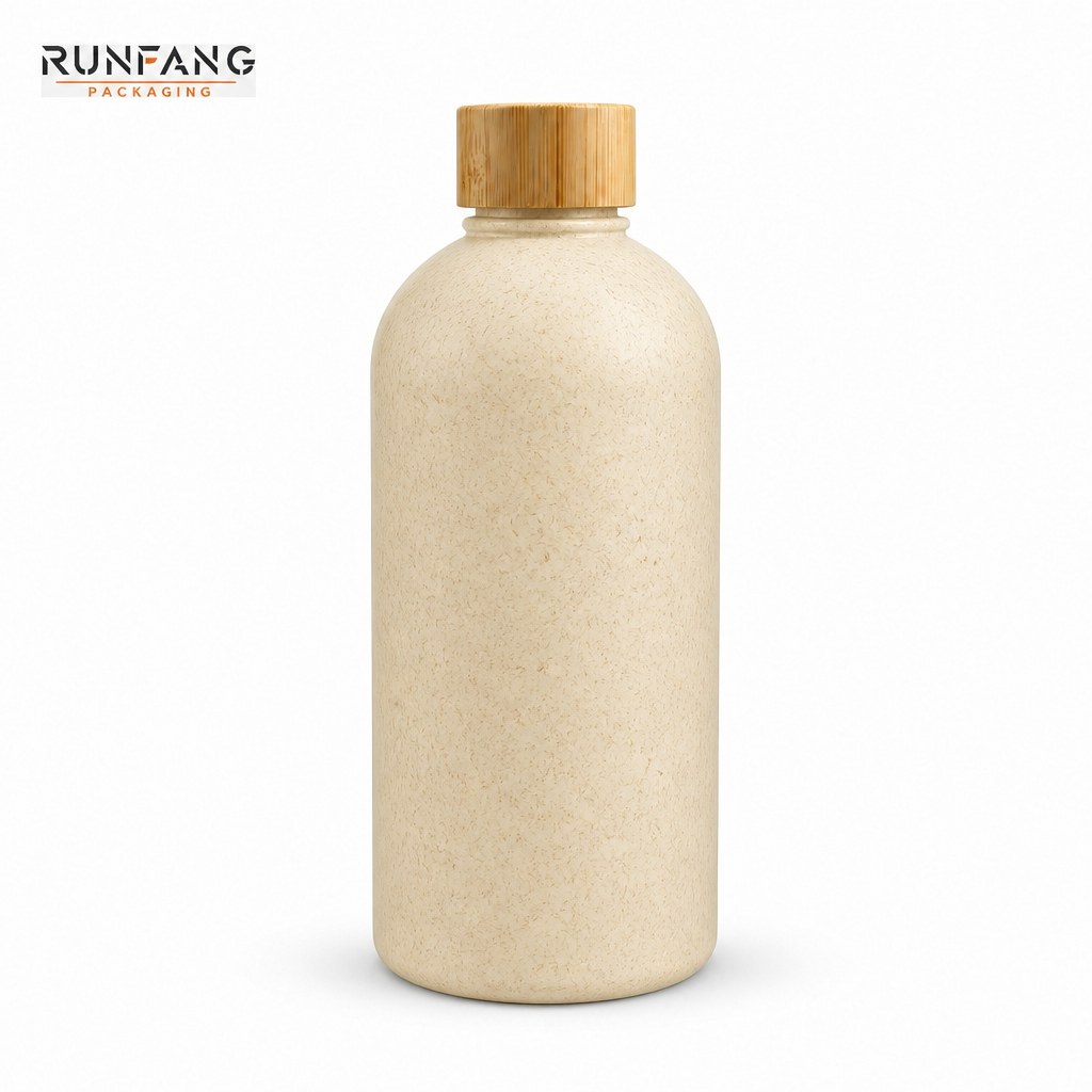 Botella vacía de plástico de paja de trigo de 500 ml / 16,9 onzas líquidas con tapa de bambú.
